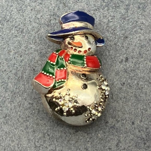 Christmas Pin Brooch Pendant Snowman Silver Snowflake Red Green Scarf Blue Hat - Picture 2 of 6